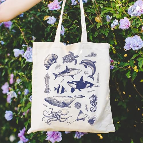 Canvas Aesthetic Tote Bag for Women with Inner Pocket Totes Shoulder Book Bag Shopping Reusable Grocery Bags - color: Sea Life Tote Bag 1