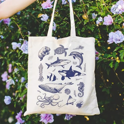 Canvas Aesthetic Tote Bag for Women with Inner Pocket Totes Shoulder Book Bag Shopping Reusable Grocery Bags - color: Sea Life Tote Bag 1