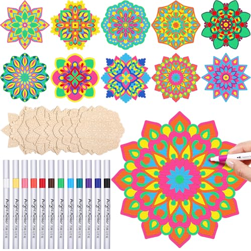 Vercraft 22 Pcsdiy Wooden Mandala Art Set 10 Cutouts 12 Markers, Floral