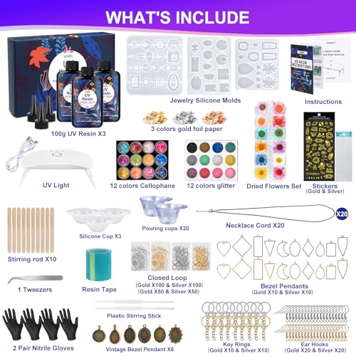 KISREL UV Resin Jewelry Making Kit, 300g Crystal Clear Resin with Light and Molds, DIY Jewelry Making Kit, Resina Starter Kits for Keychain and Earring (Pack of 2) - size: 300g (Pack of 2)