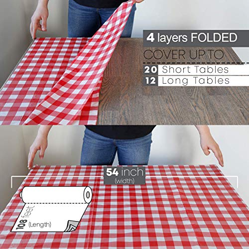 Neatiffy Disposable Plastic Tablecloth Roll | Indoor/Outdoor Table Cloth | Table Cover for Rectangle, Square, Round Tables | Picnic, Party, Banquet, Birthday, Wedding - 54 in x 108 ft - Red Checkered - color: Red Gingham