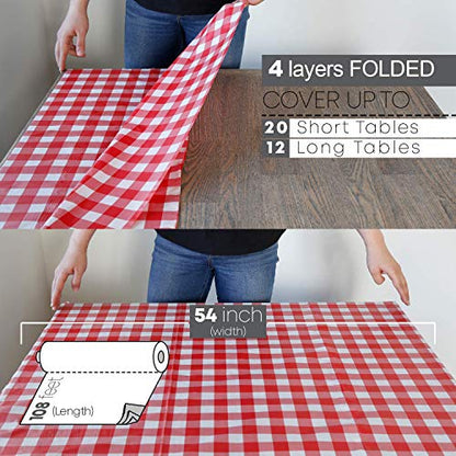 Neatiffy Disposable Plastic Tablecloth Roll | Indoor/Outdoor Table Cloth | Table Cover for Rectangle, Square, Round Tables | Picnic, Party, Banquet, Birthday, Wedding - 54 in x 108 ft - Red Checkered - color: Red Gingham