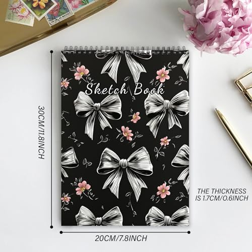 Deokke Sketchbook Top Spiral Bound Sketch Pad, 9 x 12 inch,100GSM Thick Paper,50 Sheets 100 Pages,Art Sketch Book Aesthetic Cute Drawing Writing Paper for Girls Women-Gray Bowknot - color: A-20-Grey Bowknot