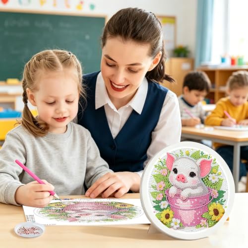 Arttoplus Pig Diamond Art Kits for Kids with Round Frame 8x8 inch - color: CC1125-US