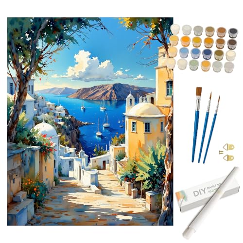 Mediterranean Landscape Paint by Numbers Kit for Adults - DIY Santorini Coastal View Painting on Rolled Canvas 16x20, Acrylic Paint Set, Suitable for Beginners, Art for Home Decoration or Gifts - color: HSX00869, size: 16X20IN Rolled