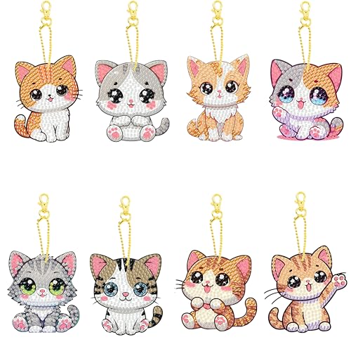 Masendp 8 Pieces Diamond Painting Keychain Animal Diamond Art Jewelry Double-Sided 5D Diamond Painting Kit for Beginners Adult DIY Art Craft Gift Home Decor (Cat) - color: Cute cat, size: Animals