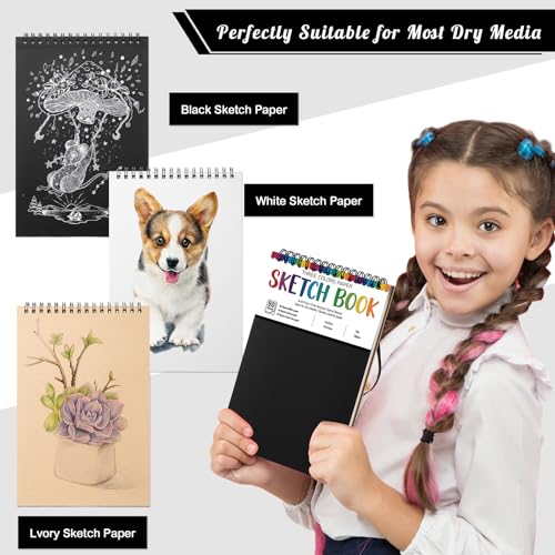 A5 Sketchbook Set with 24 Colored Pencils, 50 Sheets, Black | 160gsm Acid-Free Paper, Hardcover with Spiral Binding, Tear-Out Pages, for Sketching And Dry Media