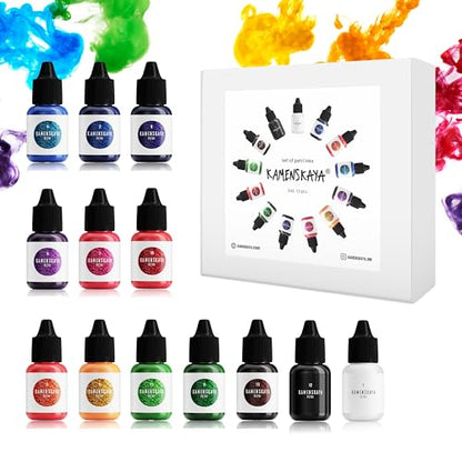 KAMENSKAYA Alcohol Ink for Epoxy Resin Petri Art: Alcohol Ink Set of 13 Mini Petri Inks, 0.17 fl oz (5 ml) Each