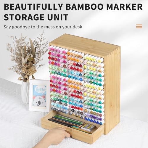 AUTOARK Bamboo Marker Organizer for 225 Markers,AHK-063 | Desktop Storage with Drawers,Art Markers Pens Pencils Brushes,Stationary Organizer - size: 225 Markers