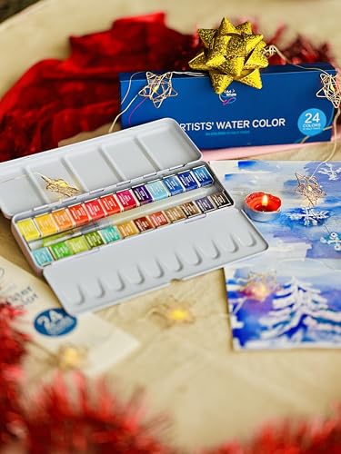 Watercolor Paint Set 24 Colors in Half-Pans|Tin Box&Waterbrush|Pro-Grade Pigments - size: 24 Count (Pack of 1)