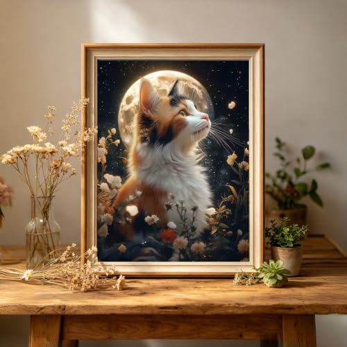 Moon Cat 5D Diamond Painting Kit, Wildflower Diamond Art for Adults | Full Round DrillDiamond Dots Kits Gem Arts DIY Crafts for Home Wall Deco Present Cat Lovers12x16inch - color: KM1144-1