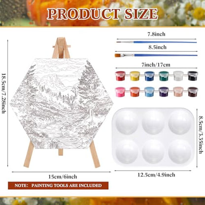 Watersay 12 Set Kids Pre Drawn Canvas for Painting Kit 12 Pcs 6" x 6" Landscape Printed Pre Drawn Canvas, Easels, Palette, Paint Pot, 24 Brushes Kid Paint Party Favor for DIY Classroom Craft Activity - style: Landscape