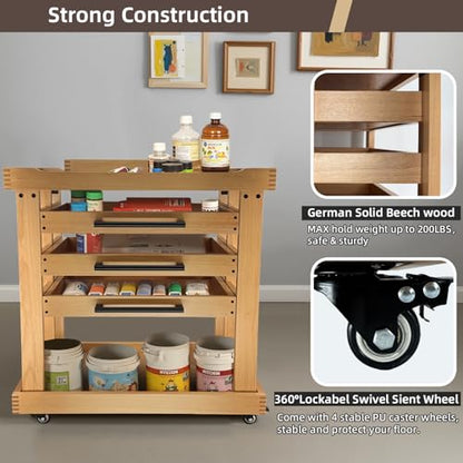Art Supplies Storage 5-Tier Cart, Beech Wood Rolling Cart | Solid Beech wood, 3 Drawers with 4 Caster Wheels, Craft Cart , for Studio, Classroom, Artists