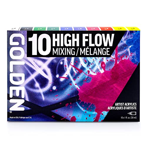 Golden High Flow Acrylic Paint Set, 10 Color Mixing Set, 1 Fl Oz Bottles, Great for Airbrush Paint, Ultra-Thin Golden Acrylic Paint, Acrylic Ink with Sticky Notes