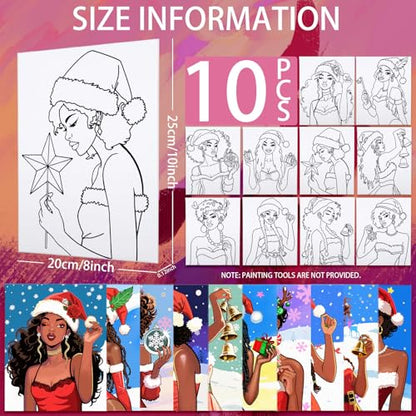 Nuberlic Christmas Pre Drawn Canvas Painting Kits for Sip and Paint Party Black Girls Hangout Yule Girls Paint and Sip Party Supplies Xmas Home Decorations Gifts 10Pcs 8x10 inch - size: 8x10, style: Christmas girl