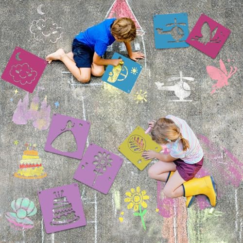 48PCS Stencils for Kids, 8" Sidewalk Chalk Stencils for Painting Kids Style | Geometric Letter Number Themed Primary Shape Template for Kids, Large Reusable Stencils for Drawing Outside, Crafts Painting