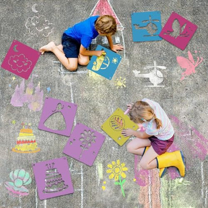 48PCS Stencils for Kids, 8" Sidewalk Chalk Stencils for Painting Kids Style | Geometric Letter Number Themed Primary Shape Template for Kids, Large Reusable Stencils for Drawing Outside, Crafts Painting
