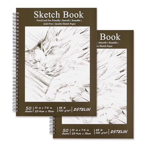 DSTELIN 2 Pack 50 Sheets Spiral Bound Art Sketchbook, 10 x 7.5 Inch 100GSM Acid-Free Drawing Paper, Sketch Books with Cardboard Backing for Artists and Students
