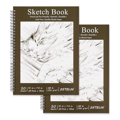 DSTELIN 2 Pack 50 Sheets Spiral Bound Art Sketchbook, 10 x 7.5 Inch 100GSM Acid-Free Drawing Paper, Sketch Books with Cardboard Backing for Artists and Students