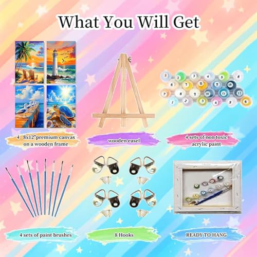 4 Pack Beach Paint by Numbers for Adults with Framed Canvas 8x12 inch - color: BKH2089+BKH2090+BKH2091+BKH2092