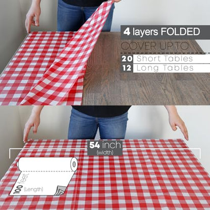 Neatiffy Disposable Plastic Table Cloth Roll | Waterproof Tablecloth | Table Cover for Picnic, Party, Banquet, Birthdays, Weddings (Red Checkered, 54 inches X 100 feet) - color: Red Checkered 100, size: 54 inches X 100 feet