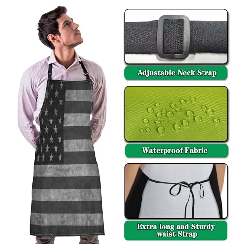 Kitchen Apron for Men Black and White American Flag Kitchen Aprons for Women for Cooking Restaurant BBQ Painting Crafting Gardening 27” (W) x 31” (H), Waterproof Apron - color: American Flag