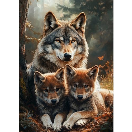 RICUVED Wolf Diamond Painting Kits for Adults, 5D Animal Diamond Painting Diamond Art Kits for Beginners, Full Drill Diamond Art Diamond Gem Wolf Family Diamond Painting Kits for Home Decor 12x16Inch - color: Wolf