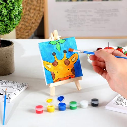 Tenceur 48 Pcs Kids Paint Party Favors Sets with 12 Pcs Animals Pre Drawn Canvas Panel and Wooden Easel Set Paint Pots and Brushes 12 Mini Apron and Tote Bag for Kids Girls Student Boys - style: Stylish