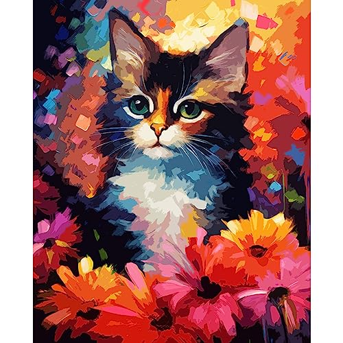Tucocoo Cute Cat Paint by Number for Adults, DIY Digital Oil Painting Kits on Canvas with Brushes and Acrylic Pigment, Abstract Flowers Animal Hand-Painted Style for Home Decor 16x20 inch (Frameless) - color: Artwork-01, size: 16''x20''(Without Frame)