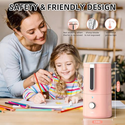 deli Electric Pencil Sharpener, Fully Automatic Pencil Sharpener, Pink | for 6.9-8mm Pencils, 5 Sharpness Modes, Rechargeable Hands-Free Sharpener for Classroom Home Office - color: Pink