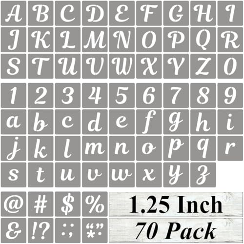 1.25 Inch Letter Stencils for Painting - 70 Pack Alphabet Letter and Number Stencil Templates with Signs for Painting, Reusable Cursive Alphabet Stencils for Chalkboard Wood Crafts & Wall Decor - size: 1.25 Inch