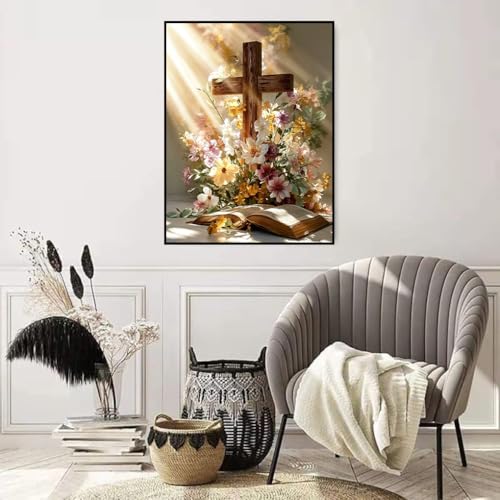 WNPOKN Religious Cross Diamond Art Kits for Adults 12 x 16inch | Cross with Flowers and Book 5D Diamond Painting Kits,Diamonds Dot Gem Art Craft Kits for Home Wall Decor