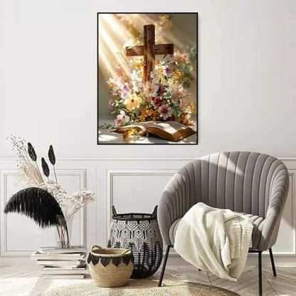 WNPOKN Religious Cross Diamond Art Kits for Adults 12 x 16inch | Cross with Flowers and Book 5D Diamond Painting Kits,Diamonds Dot Gem Art Craft Kits for Home Wall Decor