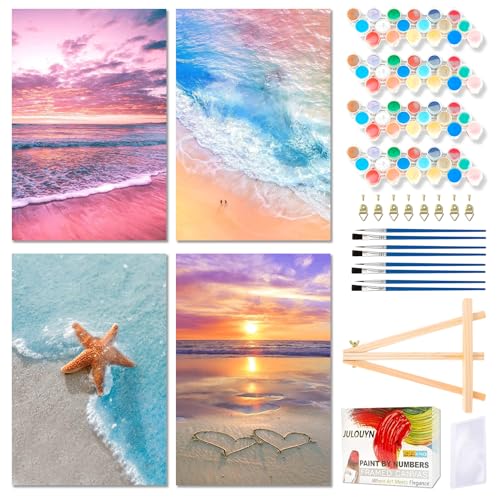 Muzagroo Art 4 Pcs Paint by Numbers Kits for Adults Framed Canvas with Wooden Easel DIY Beach Acrylic Oil Paintings Kits Paint by Numbers on Canvas Wall Art 8x12 inch (Beach) - color: Beach