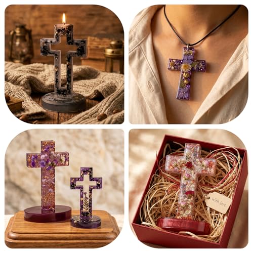 Cross Resin Mold Set with Base, Silicone Standing Cross Molds and Cross Pendant Necklace Molds, DIY Epoxy Resin Mold Kit with 5 Black Cords and 5 Jump Rings for Resin, Soap, Wax, Plaster Crafts