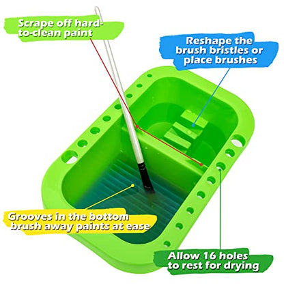 MyLifeUNIT Paint Brush Cleaner, Paint Brush Holder and Organizers with Palette for Acrylic, Watercolor, and Water-Based Paints (Lawn Green) | 18 mixing wells, 16 slots fitting 0.24-0.63 in diameters, 3 washing compartments, removable tray lid - color: Law