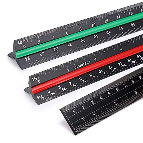 OwnMy 3 Pack 12 Inch Solid Aluminum Triangular Architect Scale Ruler Set | 3-Colors-Groove Architectural and Engineer Scale Metal Ruler Set, Clear Scales Drafting Rulers for Engineer Blueprint Project - style: Imperial Scale
