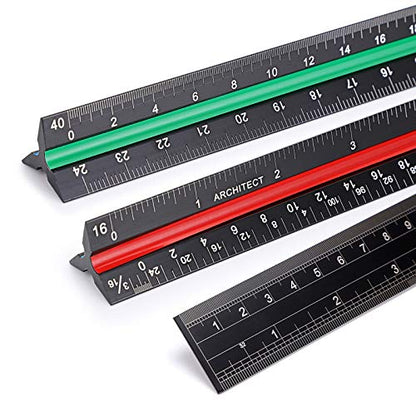 OwnMy 3 Pack 12 Inch Solid Aluminum Triangular Architect Scale Ruler Set | 3-Colors-Groove Architectural and Engineer Scale Metal Ruler Set, Clear Scales Drafting Rulers for Engineer Blueprint Project - style: Imperial Scale