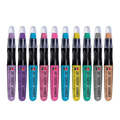 Marabu Art Crayons Shimmer Set - 10 Highly Pigmented Metallic Watercolor Crayons - Smooth and Easy Blending Water Soluble Crayons for Mixed Media Artists - Arts and Crafts for Adults