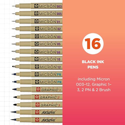 SAKURA Pigma Micron Fineline Ass't Point Sizes, Archival All Black Ink, 16 PK 50077 | Archival Black Ink Pens for Writing, Drawing, or Journaling, Precise Points and Lines, Smooth Skip-Free Writing