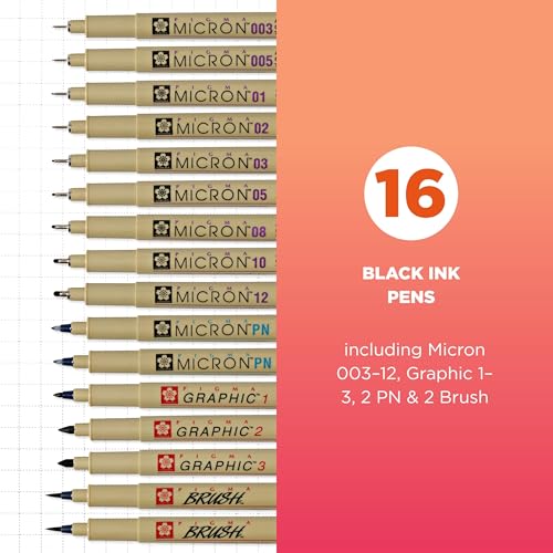 SAKURA Pigma Micron Fineline Ass't Point Sizes, Archival All Black Ink, 16 PK 50077 | Archival Black Ink Pens for Writing, Drawing, or Journaling, Precise Points and Lines, Smooth Skip-Free Writing