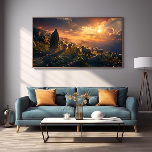 DDGEMART 5D Diamond Painting Kit for Adults, Full Drill Jesus Good Shepherd Christ Flock Religious Art for Beginners, Large Horizontal 28x16 inch - color: Jesus Good Shepherd