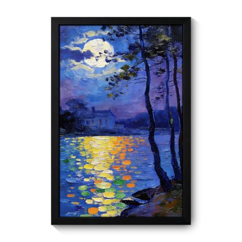 Seaofcity Moonlit Lake Landscape Wall Art, Framed Wall Art for Living Room, Night Blue Scene with Moon Reflection and Distant Cabin, Oil Painting on Canvas, Black Wood Frame, 8" W x 10" L - color: Moonlit Water Lilies, size: 10"l X 8"w