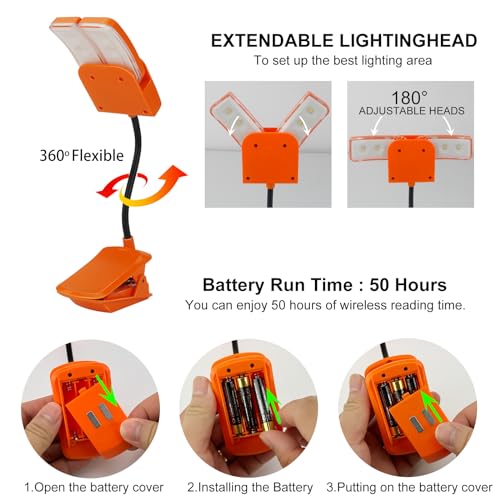 BIGMONAT Battery Operated Clip on Light, Dimmable Brightness Eye Care Book Reading Light, 360°Flexible Gooseneck Night Lighting for Home Office, Reading,Study (Orange, 2Pack) - color: 2Pack - Orange