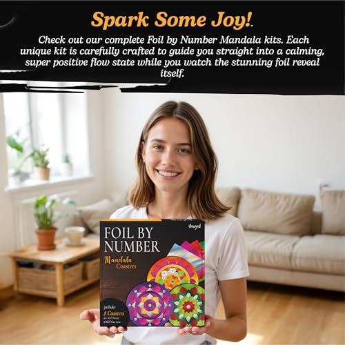 Unwynd Foil/Paint by Number Mandala Art & Craft Kit,Fun Adults, Women,Teens | 8 thick coasters, 80 foil sheets, fixative, sticker poke diy hobbies for kids, girls, ages 9-12, ladies, gifts for seniors