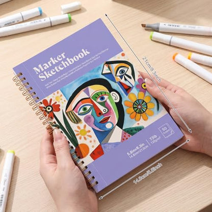 5.8 × 8.3 in Marker Paper Sketchbook, Spiral Bound Acid-Free Paper | 120gsm Drawing Paper, Anti-Bleed Double Sided Sheets, Lays Flat, Tear-Out Pages, for Markers, Pens & Acrylics - size: 5.8×8.3 Inch (1 Pack)
