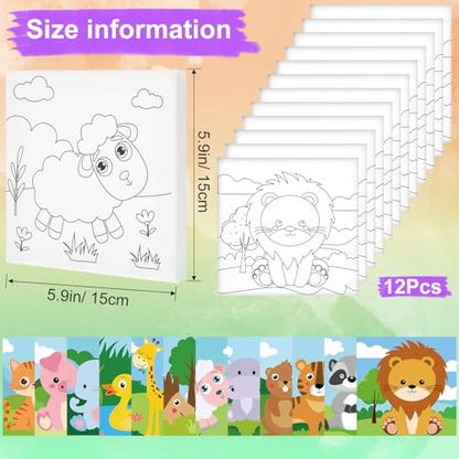 Teling 12 Pcs Pre Drawn Stretched Canvas Kit for Adults Painting Pre Printed Canvas Outline for DIY Painting Party Favor,6 x 6 x 0.6 Inches(Animal) - style: Animal