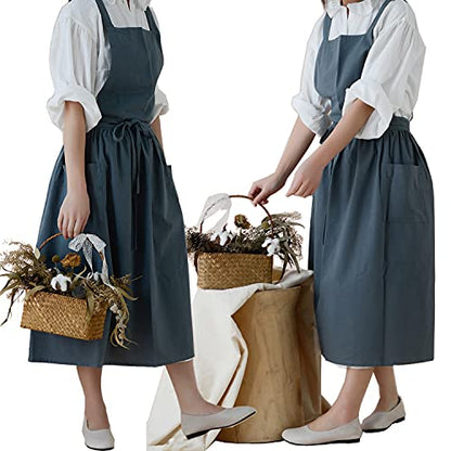 VLZUFE Women Cotton Linen Cross Back Apron for Gardening Works Pinafore Dress with Pockets Navy - color: Navy