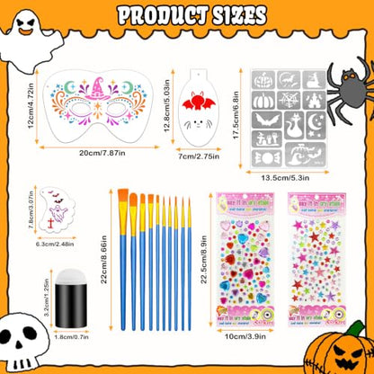 58PCS Halloween Face Paint Stencils Kit Includes 36 Reusable Facial Painting Stencils, 6 Sheets Tattoo Templates Stickers, 10 Brushes, 2 Pack Adhesive Gems, 4 Sponge for Halloween Party Makeup - color: Halloween
