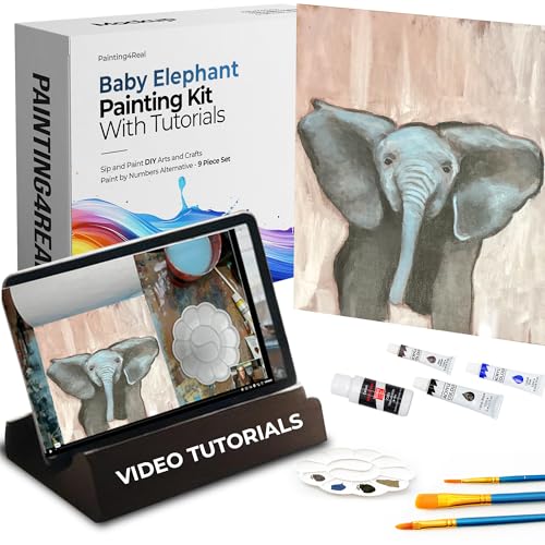 Painting4Real DIY Art Painting Kit for Adults with Video Tutorials – Learn to Paint Baby Elephant - 9 Pieces Acrylic Paint Set & Art Supplies for Adults, Mother Day Gift for Mom, Women, Men, Art Lover - color: Baby Elephant
